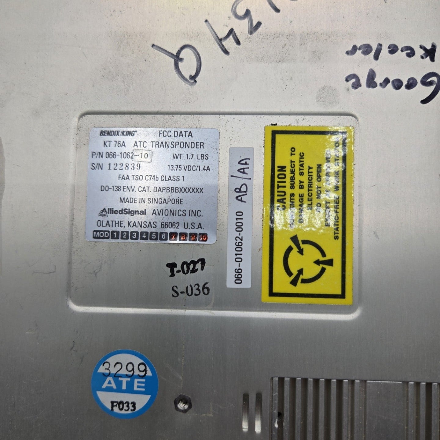 Bendix King KT 76A ATC Transponder - PN: 066-1062-10