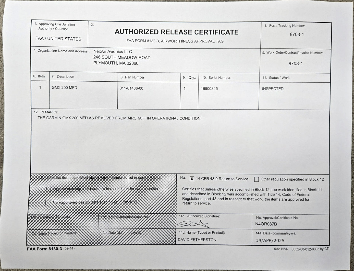 Garmin GMX200 MFD I/O, RADAR, TAWS / KGP560 - PN: 011-01466-00