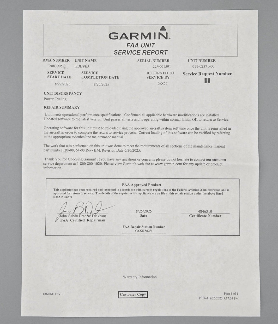 Garmin GDL 88D ADS-B - PN: 011-02371-00