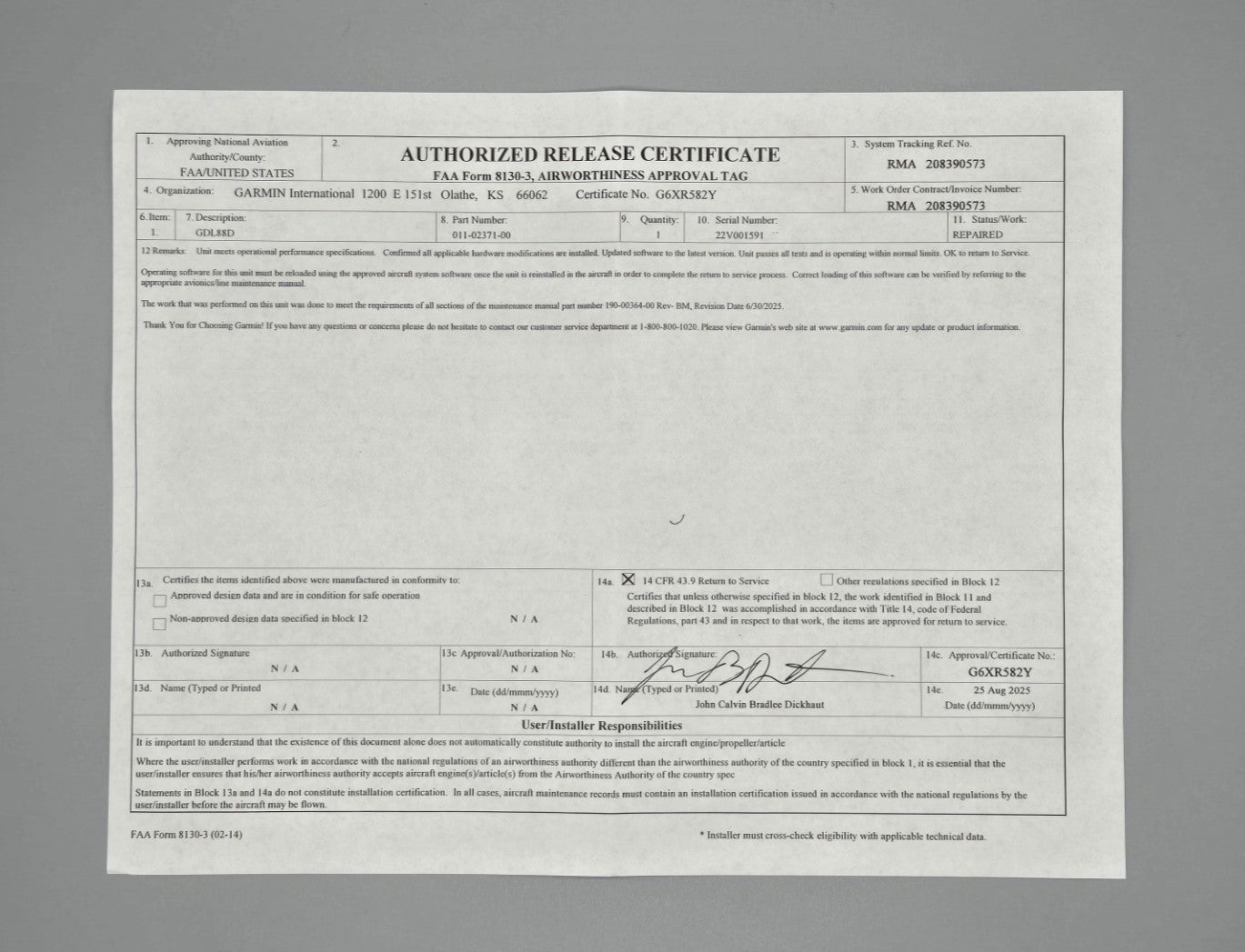 Garmin GDL 88D ADS-B - PN: 011-02371-00